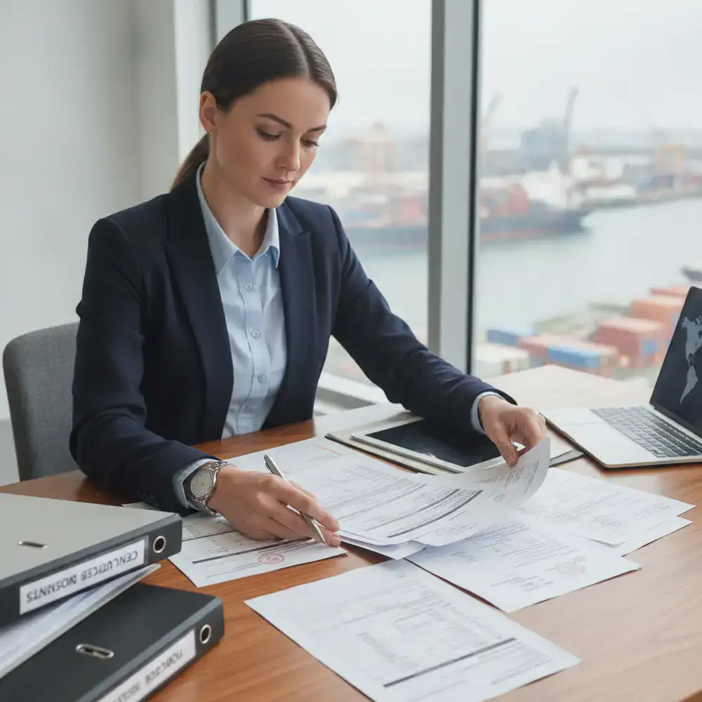 Logistics professional handling customs documentation