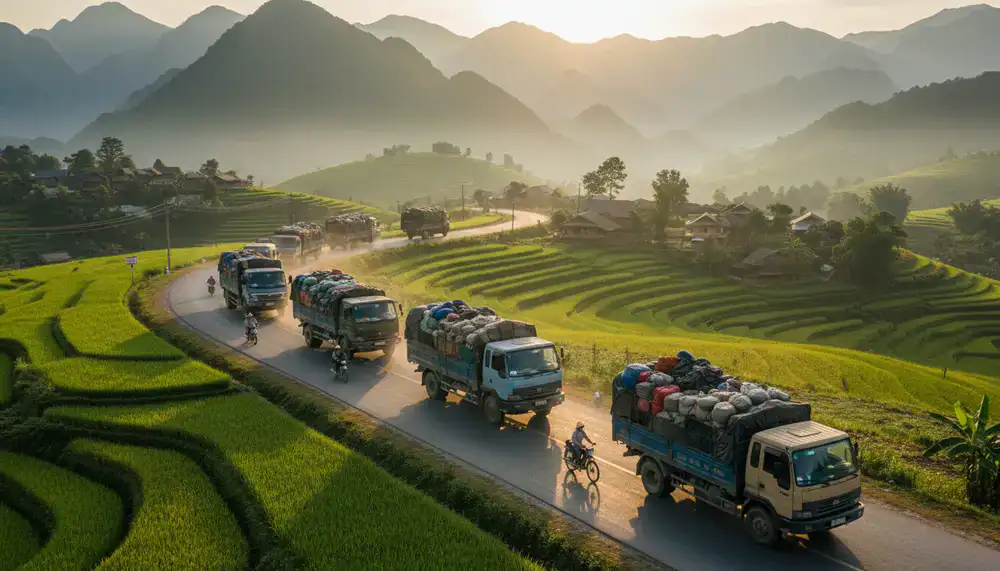 Delivery trucks moving goods across regional roads in Vietnam