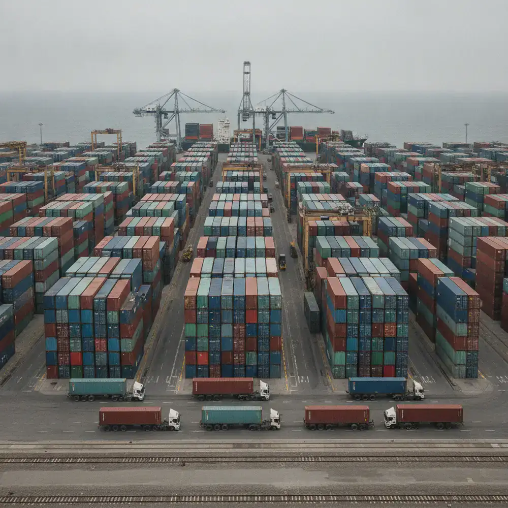 Containers stacked at a terminal ready for ocean freight