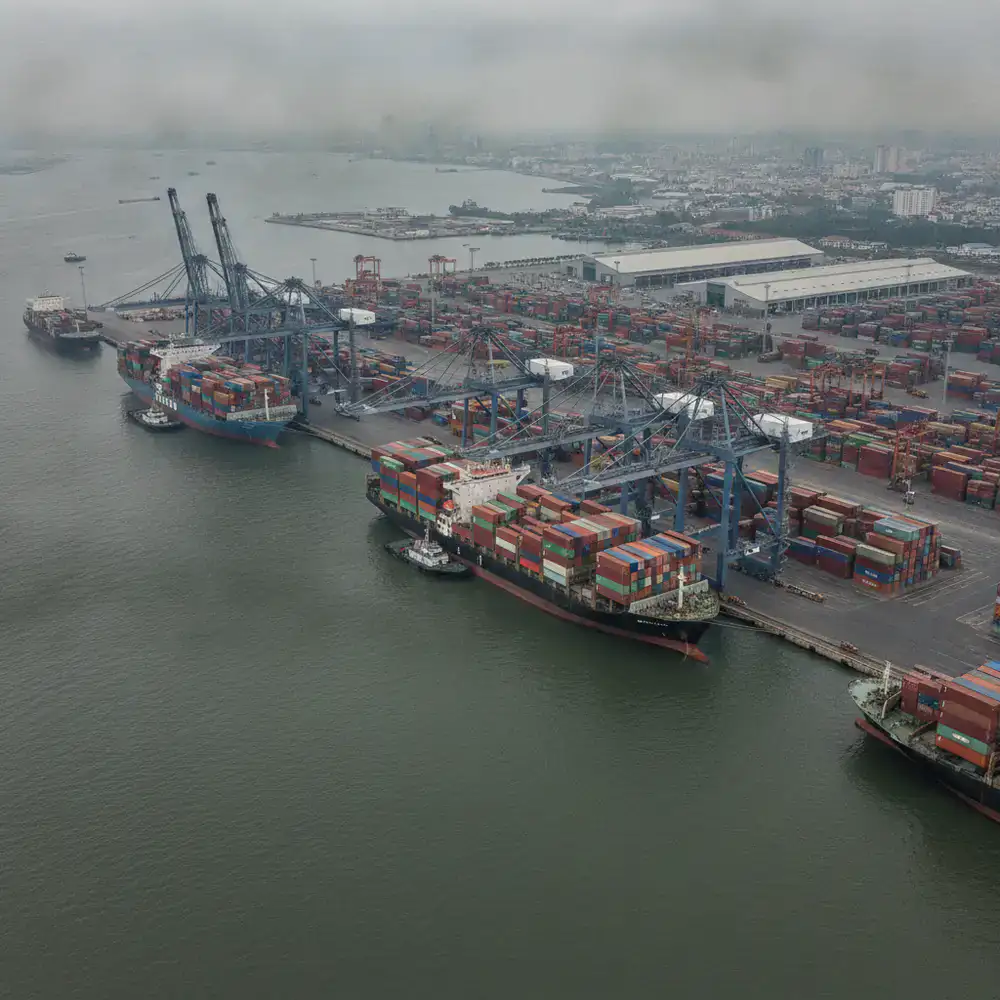 Cargo ships operating at a busy port in Vietnam